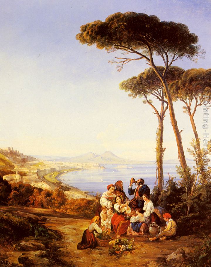 Consalvo Carelli A Group Of Peasants With The Bay Of Naples Beyond